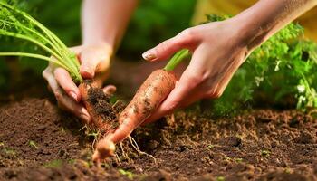 A close-up shot of a gardener hands pulling a fresh, ripe carrot from the dark soil, roots still clinging to the earth, highlighting the connection between the harvest and nature. photo