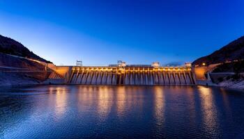 Dam at night, illuminated against a deep blue sky. Water flows powerfully, reflections shimmer on the still reservoir. An impressive feat of engineering. Tranquil yet powerful scene. photo