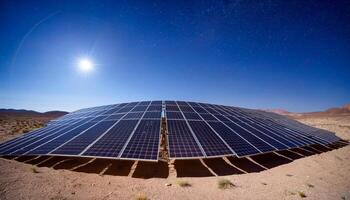 solar poder planta en un Desierto paisaje debajo un brillante Dom y claro azul cielo. filas de solar paneles tramo a través de el árido tierra. limpiar y renovable energía. aprovechando el del sol fuerza. foto
