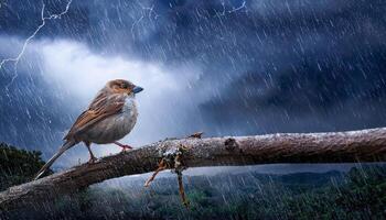 Rain pours in sheets, but the bird sings a trembling note of defiance. Though small, it is mighty, its melody weaving through thunder, a brave testament to perseverance and light. photo