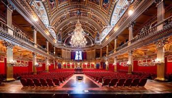 Golden balconies curve around a hushed hall, where velvet seats rest untouched. Chandeliers shimmer above in elegant stillness. The stage sleeps, awaiting the echo of a single note. photo