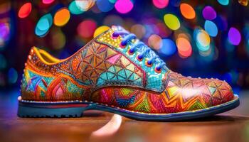 A giant pair of shoes, much larger than life, with bright patterns and colors, symbolizing exaggerated humor and playful fun. photo