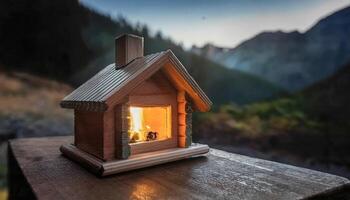 Miniature wooden cabin with a warm light glowing from the window, suggesting a fireplace. Rustic charm on a wooden surface, blurred mountain landscape in the background at twilight. photo