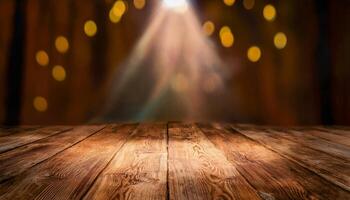Empty wooden stage floor illuminated by a bright spotlight, with blurred golden bokeh lights and a brown curtain in the background. Evokes anticipation and the potential for performance. photo