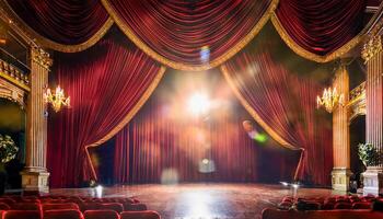 Empty theater stage with closed red velvet curtains trimmed in gold, illuminated by a central spotlight. Ornate pillars and chandeliers frame the scene. photo