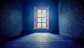 Dark blue hallway with an open window at the end, letting in a bright light. Shadows stretch across the wooden floor and textured walls. Evokes a sense of mystery and the unknown. photo