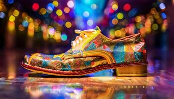 A massive pair of shoes, way larger than life, with colorful patterns and bright hues, symbolizing playful fun and exaggerated comedy. photo