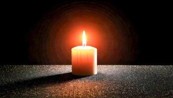 Single candle with a bright flame casting a warm glow on a dark, shimmering surface. Dark background with a subtle gradient of light. Evokes a sense of peace, warmth, and quiet contemplation. photo