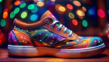 A gigantic pair of shoes, much bigger than usual, decorated with bright, bold colors and patterns, embodying exaggerated humor and playful fun. photo