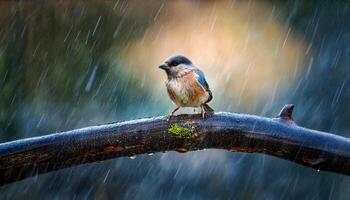 Amid whipping winds and driving rain, a small bird clings to a swaying branch. Fragile yet steadfast, it faces the storm with quiet strength, embodying resilience in the face of adversity. photo