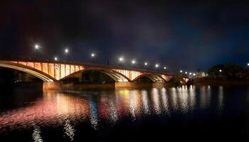 Bridge illuminated at night, lights reflecting on the dark river below. Arched structure spans the water. Tranquil and serene urban scene. Explore the night lights and reflections. photo