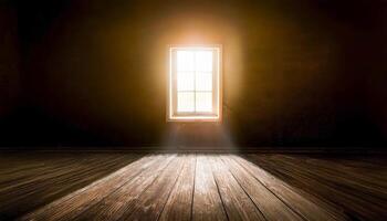 A shadowy room lies still, silence thick, but one window stands open. Through it, a golden ray cuts the gloom, offering quiet hope in the depth of despair, a light for the weary soul. photo