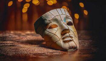 Cracked and aged theatrical mask on a textured surface, with blurred golden bokeh lights in the background. Evokes mystery and dramatic performance. A close-up of the intricate details. photo