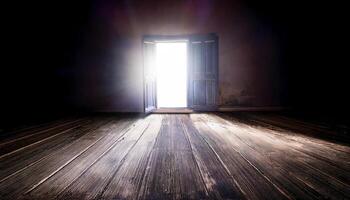 A dark room with a single open window, where a beam of sunlight pierces through, symbolizing hope in depression. photo