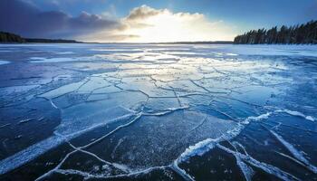 Wide view of a cracked ice surface on a frozen lake, with sunlight breaking through the clouds on the horizon. Winter landscape with trees on the shore. photo