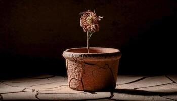 Wilted and dead flower in a cracked, dry pot. Barren earth below, dark background. A still life depicting decay and loss. Symbolic of fragility and the end of life. Observe the textures and shadows. photo