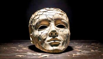 A cracked mask lying on a table, one side covered in darkness and the other illuminated by soft light, symbolizing hidden emotions. photo