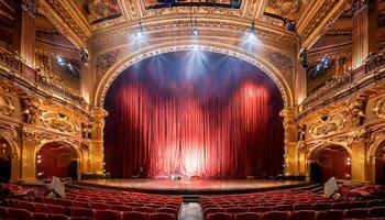 An opulent hush fills the theater as rich crimson curtains softly part. Behind them, warm gold glows like hidden treasure. Expectation crackles in the still air, waiting for the first line. photo