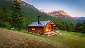 Log cabin with warm light glowing from the windows at twilight, nestled in a green mountain meadow. Snow-capped peaks in the distance catch the fading light. A secluded and peaceful mountain escape. photo