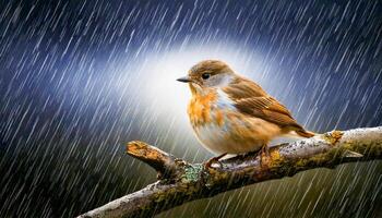 Lightning cracks across a grey sky, but the bird remains, feathers ruffled, eyes sharp. It does not fly away its courage rooted in stillness, a symbol of enduring hope against the odds. photo