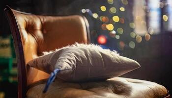 A comfortable brown leather chair with a textured burlap pillow resting on the seat, set against a softly blurred background of warm, festive bokeh lights, suggesting a cozy photo