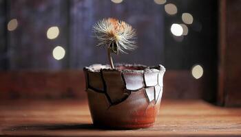 Dried dandelion seedhead in a cracked pot on a wooden surface, with blurred bokeh lights in the background. Soft light illuminates the fragile seed structure. photo