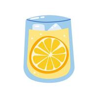 Glass of lemonade with a lemon half slice and a stripped straw. Summer drink. Refreshing beverage. Isolated flat illustration. vector