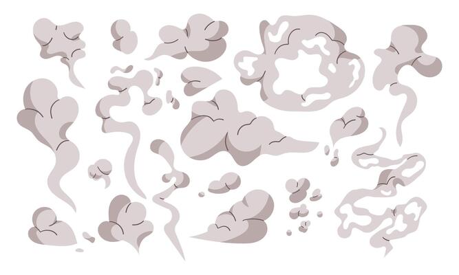 Set of Smoke cloud comic set. Comic smoke flows, dust, smog and smoke steaming cloud silhouettes hand drawn illustration isolate on white .