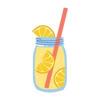 Glass of lemonade with a lemon half slice and a stripped straw. Summer drink. Refreshing beverage. Isolated illustration. vector