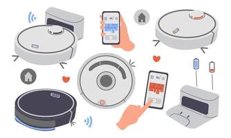 Set of Robot Vacuum Cleaner, Smart Wireless Robotic Household Appliance Isolated On White Background. Automatic Machine With Remote Control and Artificial Intelligence. Illustration vector
