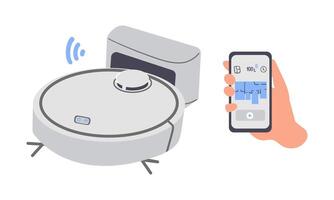 Robot Vacuum Cleaner, Smart Wireless Robotic Household Appliance Isolated . Automatic Machine With Remote Control and Artificial Intelligence. Illustration vector