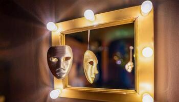 Two metallic theatrical masks, one silver and one gold, hanging in front of a mirror framed with bright lights in a dressing room. Reflections of other masks visible. photo