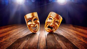 On the wooden stage lie two shining masks one of joy, one of despair - capturing the eternal contrast of human feeling that lives in every performance. photo