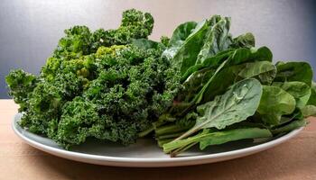 A white plate featuring a generous portion of fresh, vibrant green curly kale alongside a bunch of smooth spinach leaves, highlighting the contrast in their textures. photo