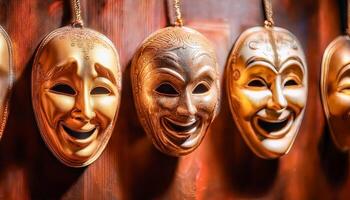 A line of aged theater masks dangles against a worn backstage wall expressions frozen in joy and sorrow, capturing the timeless duality of performance and emotion behind the curtain. photo