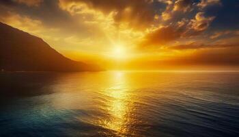 A breathtaking ocean scene with the sun rising or setting, casting warm orange and gold hues across the sky and sea, with soft clouds overhead and gentle waves breaking against a rocky shoreline photo