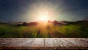 An empty rustic wooden table in the foreground with a blurred background of a bright, abstract landscape with radial light streaks, suggesting motion or a dreamlike scene. photo