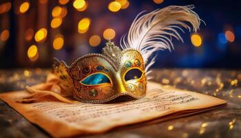 A Venetian-style carnival mask resting on an open script, with a feathered quill nearby, symbolizing storytelling in theater. photo