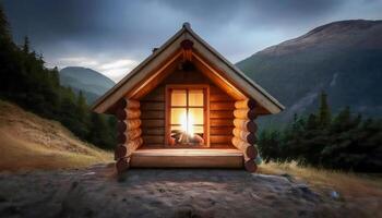 Small log cabin nestled in a mountain landscape at twilight. Warm light glows from the window. A secluded and peaceful retreat. Explore the rustic charm. photo
