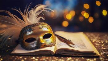 Ornate golden Venetian mask with white feathers resting on an open book with a quill pen. Blurred background with warm golden bokeh lights. photo