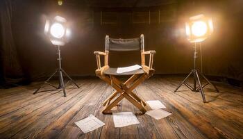 Empty directors chair on a wooden floor, surrounded by scattered script pages and illuminated by two bright spotlights. Dark background. photo