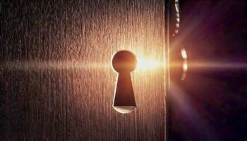 Keyhole in a wooden or metallic door, with a brilliant light shining through, creating lens flares. Evokes mystery, secrets, and the potential for escape or discovery. photo