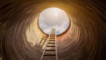 Looking up from inside a textured tunnel towards a bright opening with a ladder leading upwards to the sky and clouds. Evokes themes of escape, hope, and the challenges of reaching a goal. photo