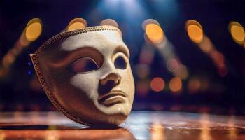 Metallic gold theatrical mask with a neutral expression resting on a wooden surface, illuminated by a spotlight against a dark background with blurred golden bokeh lights. photo