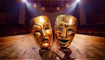 Two golden masks, one laughing, one weeping, rest on the timeworn wooden stage floor silent witnesses to countless performances and the raw emotion of theaters timeless expression. photo