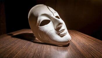 Simple white theatrical mask resting on a wooden surface. Dark background with a soft light casting a shadow. photo