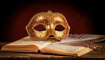 A gilded Venetian mask lies gently atop an open theater script. Nearby, a feathered quill rests in silence symbols of mystery, performance, and the written heart of the stage. photo