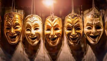 Backstage hangs a row of old theatrical masks, some with wide grins, others downturned in sadness each telling its own silent story in the language of theater photo