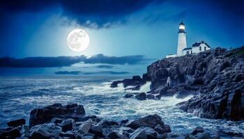 Lighthouse stands tall on dark, rocky cliffs beneath a bright full moon and starry sky. Ocean waves surge and foam around the rocks. a serene and majestic night scene. photo