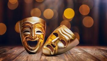 Two golden theatrical masks, one depicting comedy with a wide smile, the other tragedy with a downturned mouth, resting on a wooden surface with blurred golden bokeh lights in the background. photo